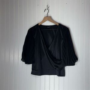 Paperoc Black Pleated Sleeve Blouse L | Y2K Glam Wrap Top‎ Minimalist Vibe Goth